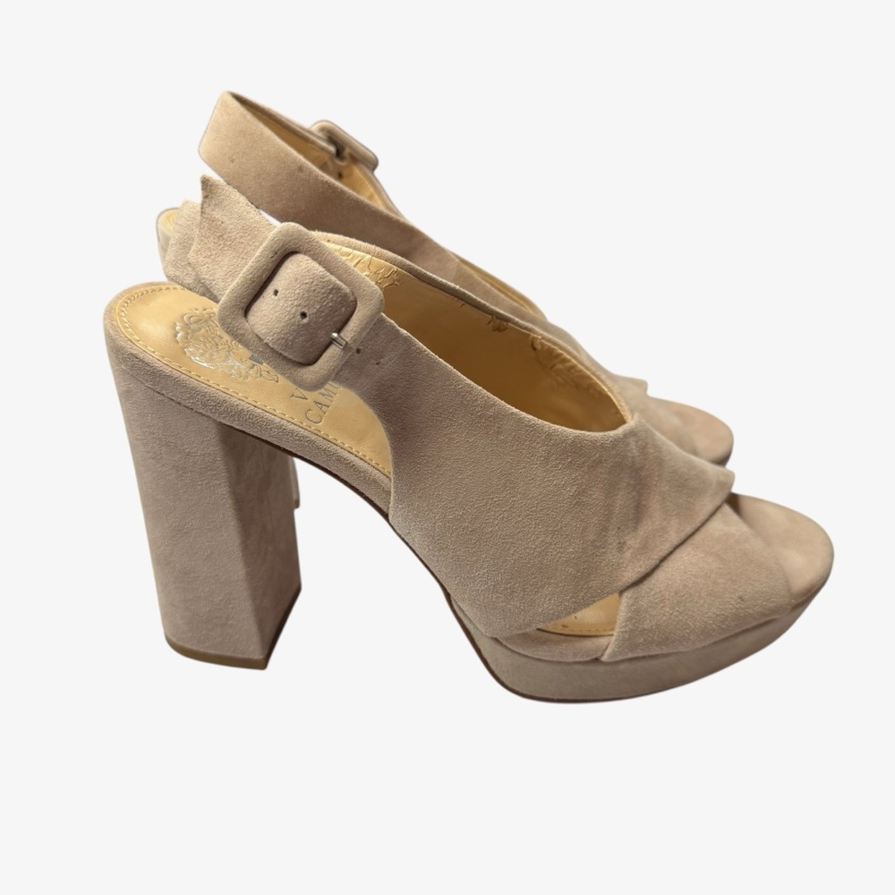 Vince Camuto Taupe Suede Crisscross Block Heel Sandals